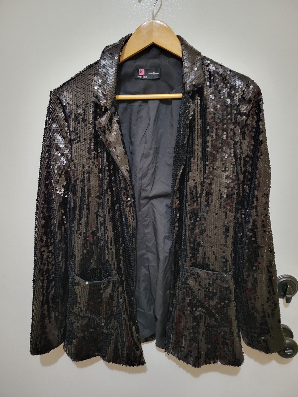 Kancy Kole Women’s Black Sequin Blazer Jacket - Classic Notch Lapel - Open Front